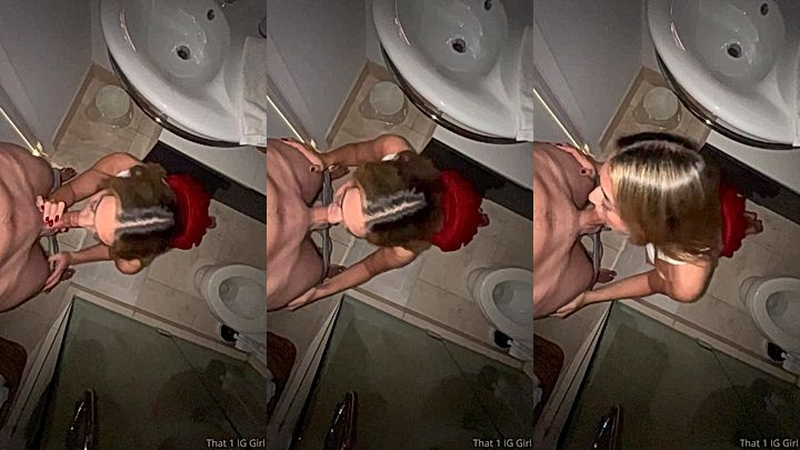 sneaky onlyfans model That1iggirl knees in the bathroom and sucks huge cock