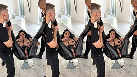 naughty sexy hot amerian freaky model Aletta Ocean had her sex slaves lick her feets while she stroke their cock hard